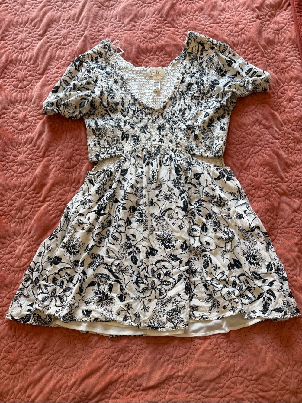 White and Black Floral Smocked Waist Dress